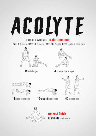 Acolyte  is a DAREBEE home fitness no-equipment total-body strength and tone workout that also helps you achieve some inner peace.
