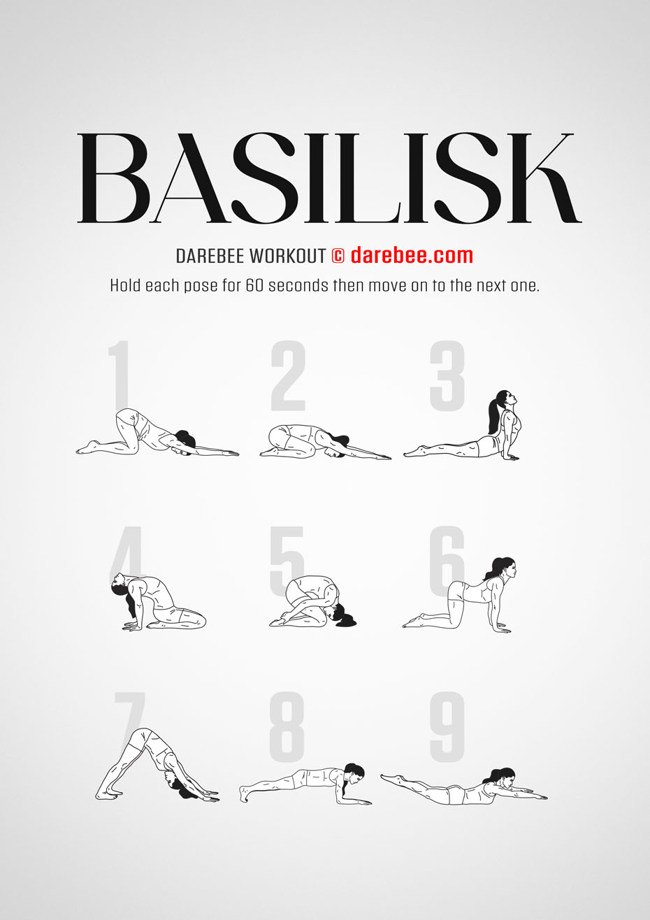 Basilisk is a DAREBEE home fitness yoga-based workout that helps you develop total body strength, flexibility and agility, all of which contribute to physical power.
