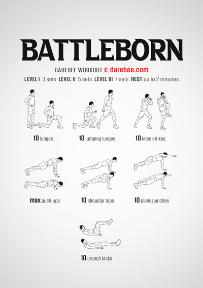 Battleborn is a difficulty Level IV Darebee home-fitness strength and tone workout that will help you maintain your strength and build muscle.