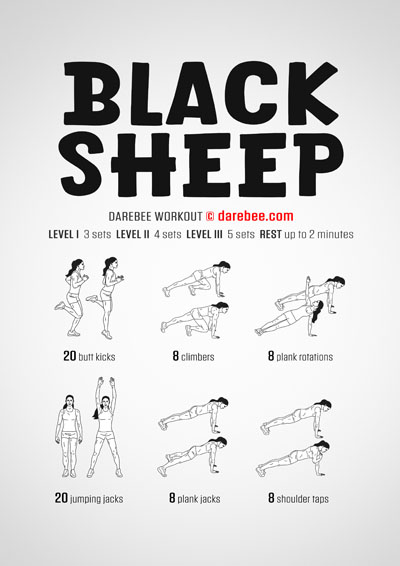 Black Sheep is a DAREBEE home fitness no equipment aerobics and cardiovascular systems workout that helps you get lean and lose weight at home.
