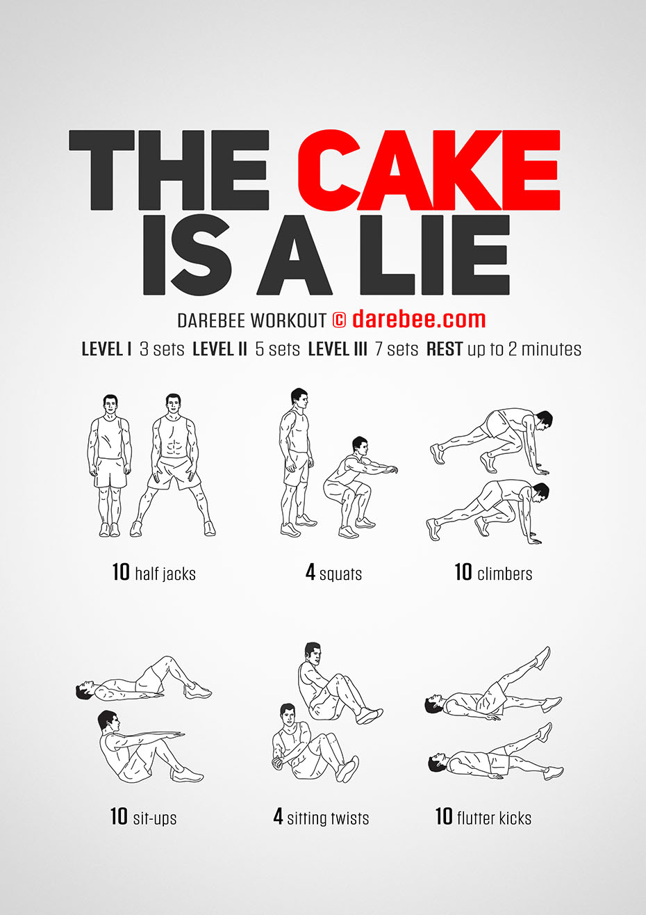 The Cake Is A Lie is a DAREBEE full body, high-burn home fitness no-equipment workout you can use to lose weight at home and improve your cardiovascular fitness.