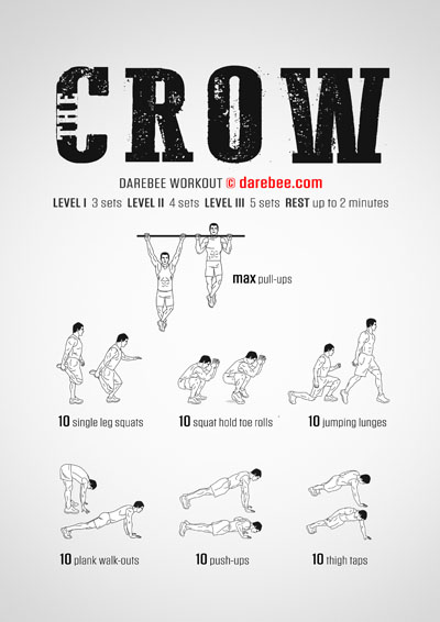 Crow is a DAREBEE home fitness total body strength workout that mixes no-equipment exercises with equipment ones for an advanced workout that will help you level up.