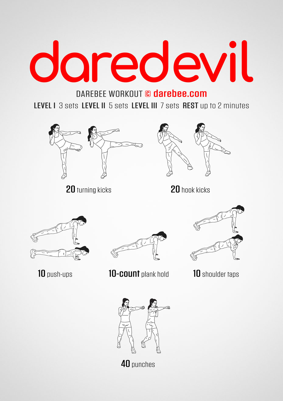 Daredevil is a combat-moves based workout that will help your entire body become more coordinated, it will improve your balance and train your brain.