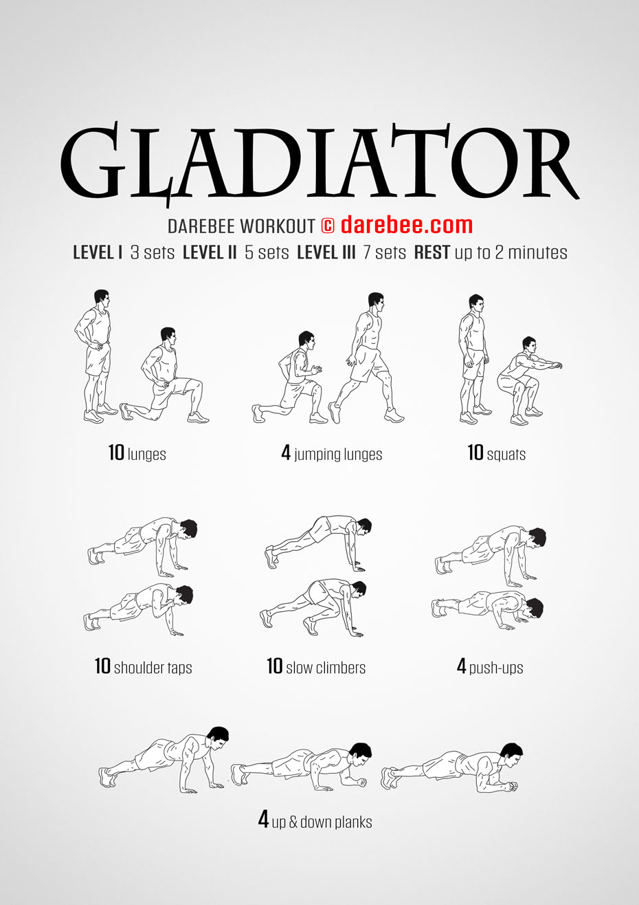 Gladiator workout is a DAREBEE home fitness, no-equipment total body strength workout you can do at home using just bodyweight exercises in a particular order.