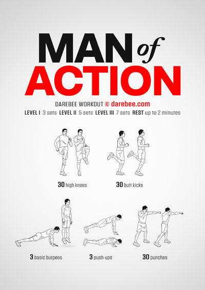 Man of Action is a DAREBEE home fitness no-equipment bodyweight workout that helps you take your overall fitness to a new level.