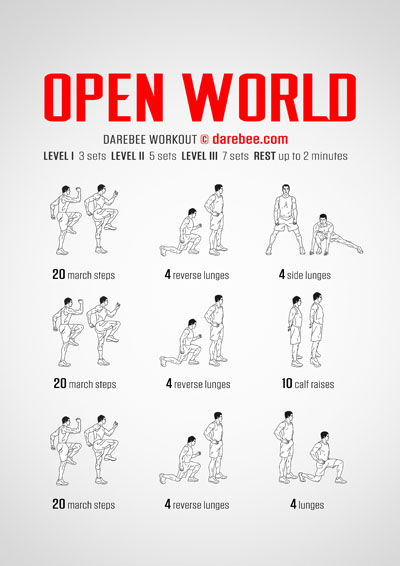 Open World is a Darebee home fitness, no-equipment workout that helps you develop strong, powerful legs. 