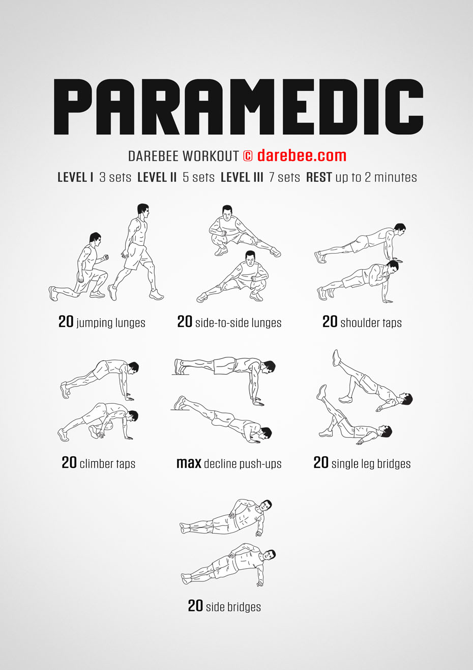Paramedic is a DAREBEE home fitness no-equipment strength workout that will test your brain and body.
