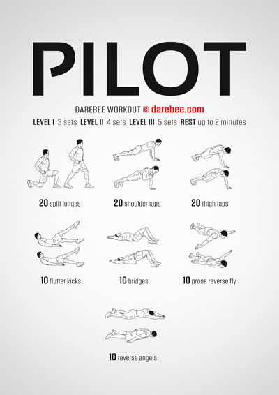 Pilot is a DAREBEE total body strength home fitness no equipment workout that targets both the front and back kinetic chain for that total body home strength session you seek.