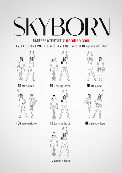 Skyborn is a DAREBEE total body, no-equipment cardiovascular and aerobic fitness workout that helps you develop strength and endurance at home.