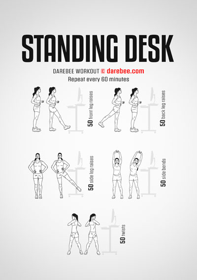 Standing Desk Workout is a Darebee office and home-office fitness workout you can do quickly to help your body stay as alert as your brain. 