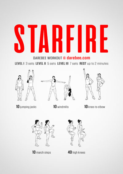 Starfire is a DAREBEE home fitness, no-equipment aerobic and cardiovascular fitness workout that helps you develop cardiovascular and aerobic fitness at home.