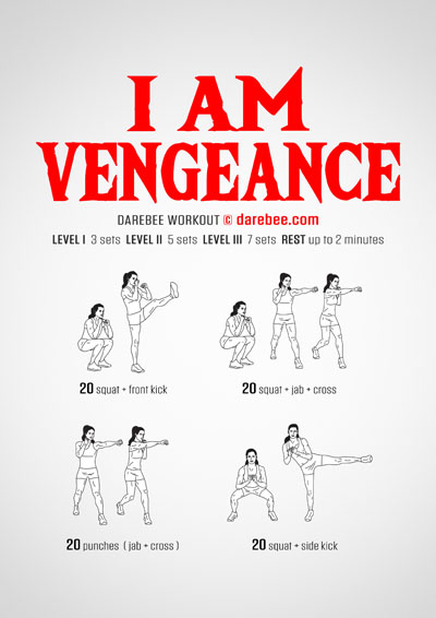 I am Vengeance is a DAREBEE home fitness combat moves based total body no-equipment workout routine to make you more agile as well as cardiovascularly stronger.