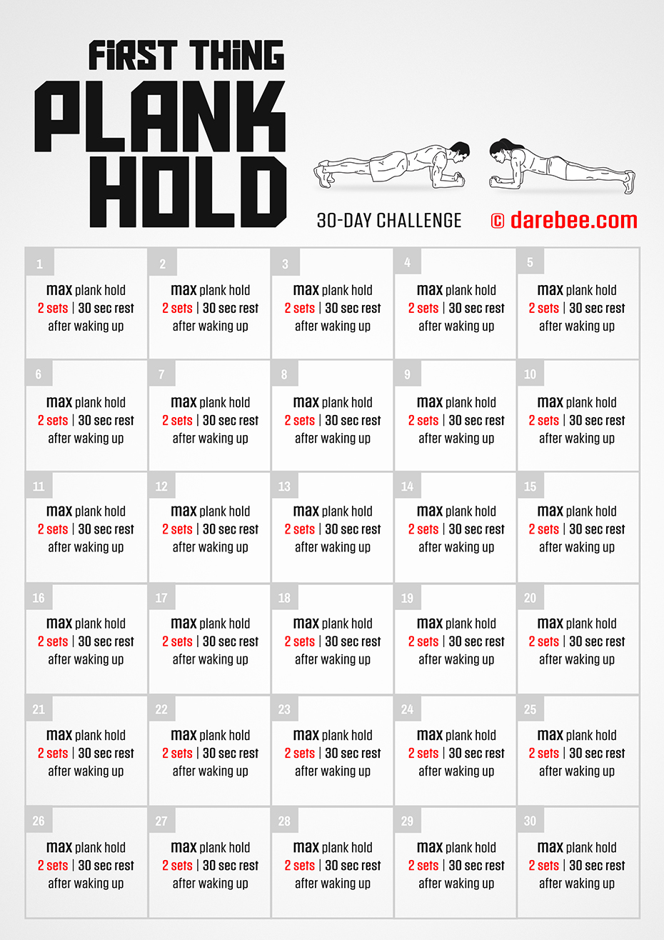 First Thing Plank Hold Challenge is a DAREBEE home-fitness, no-equipment whole body strength and conditioning exercise that will transform your capabilities inside a 30-day period.