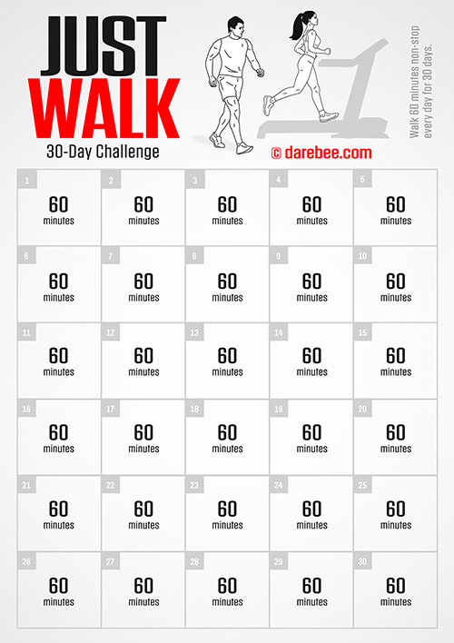 Just Walk is a DAREBEE monthly challenge that helps you take up the habit of walking regularly every day to reduce body fat and improve your cardiovascular and aerobic fitness.