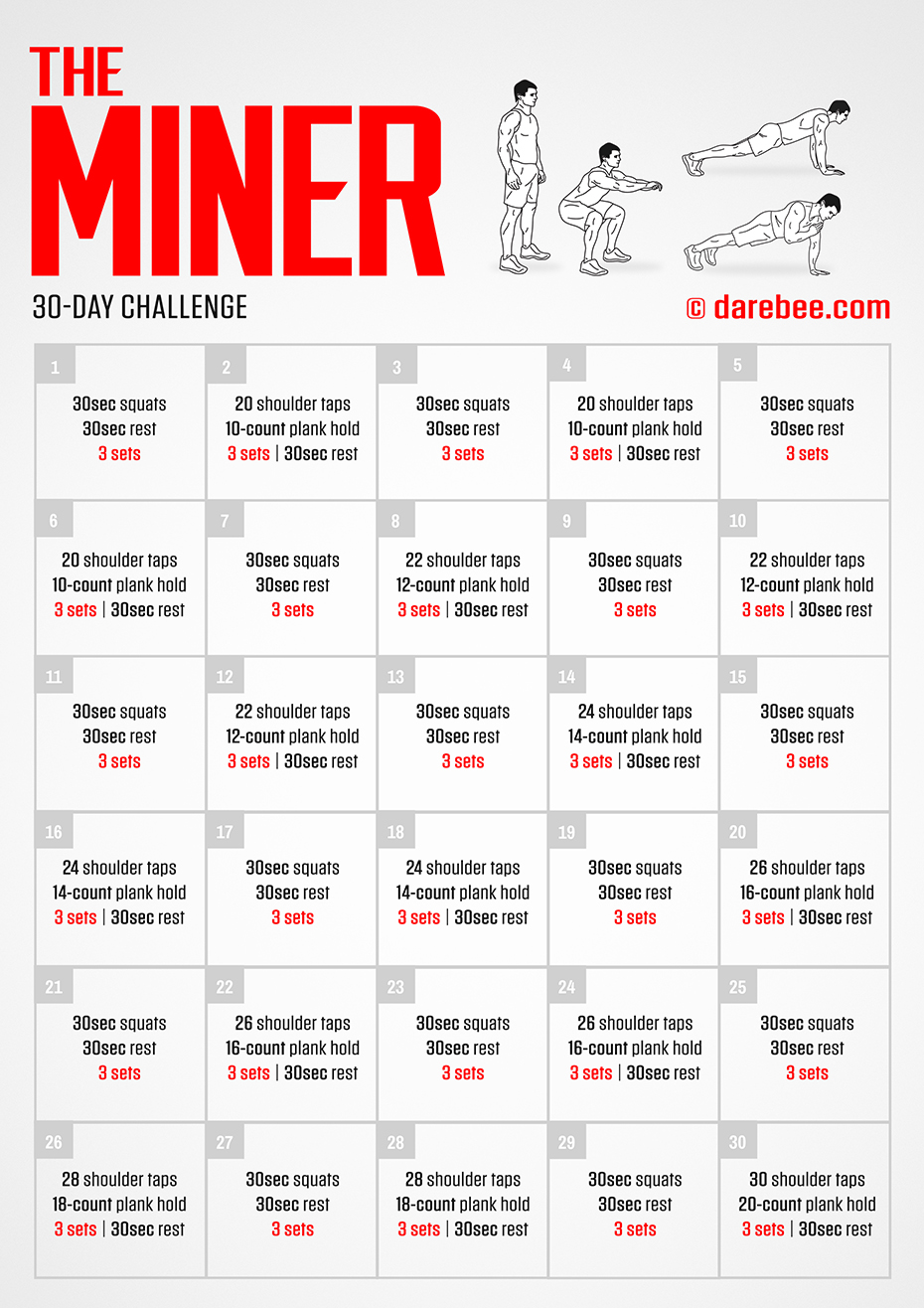 The Miner is a Darebee home-fitness monthly challenge that helps you stay physically active all month.
