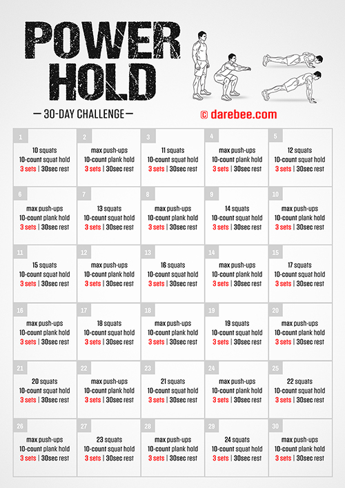 The Power Hold Challenge is a DAREBEE home fitness, no-equipment bodyweight structured month-long workout you can do at home.