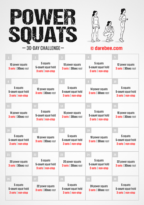 Power Squats Challenge is a month-long Darebee home fitness challenge that helps you develop a powerful lower body at home. 