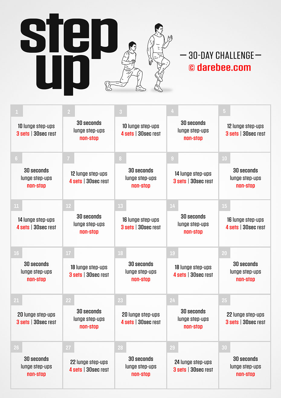 Step-Up is a Darebee home-fitness challenge that increases your lower body strength and coordination. 
