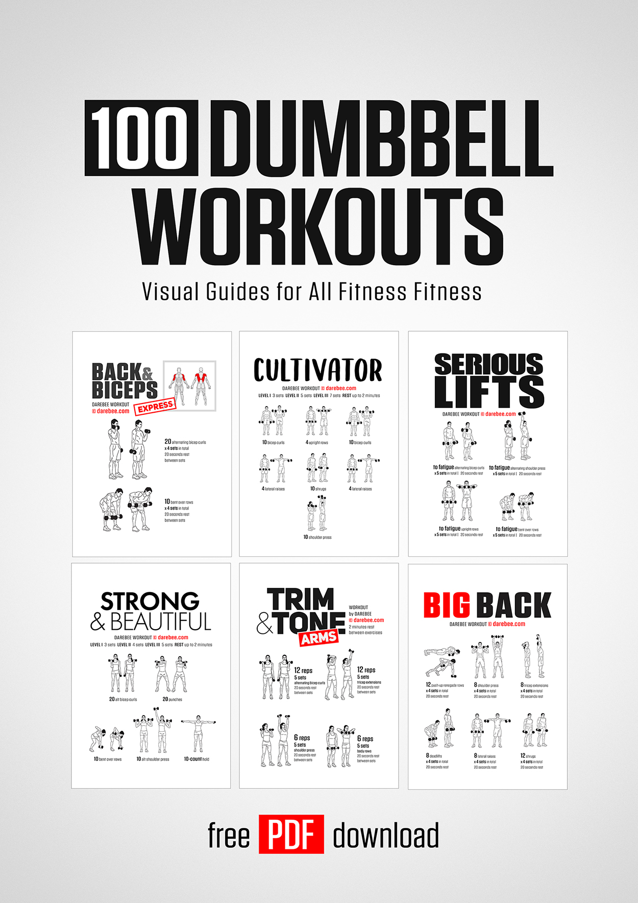 100 Dumbbell Workouts is a field-tested book by DAREBEE that gives you, in one place, 100 dumbbell workouts you can do to help you develop amazing strength at home.