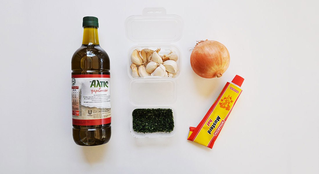 Healthy Eating on a Budget - olive oil, garlic, onions, dill, mustard