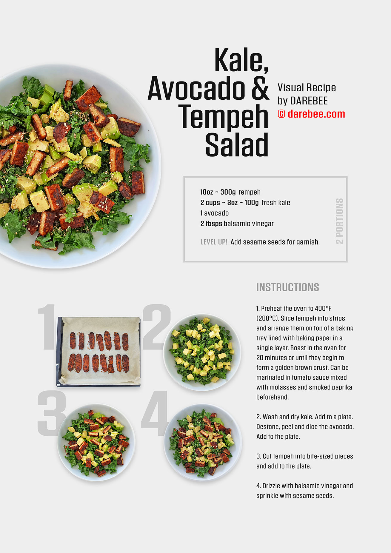Darebee plant-based home cooking recipe: Kale, Avocado & Tempeh Salad 