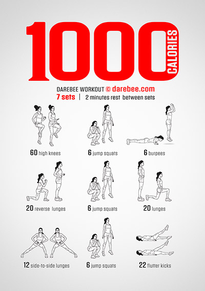 1000 Calories Workout is a DAREBEE home fitness no-equipment high-burn high-intensity workout that helps you burn 1,000 calories in a single workout.