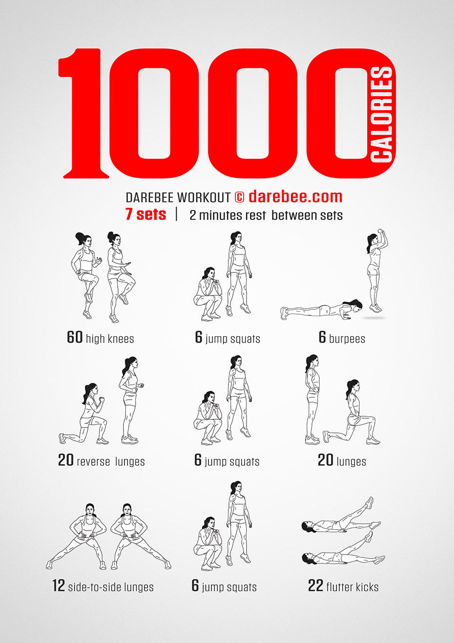 1000 Calories Workout is a DAREBEE home fitness no-equipment high-burn high-intensity workout that helps you burn 1,000 calories in a single workout.