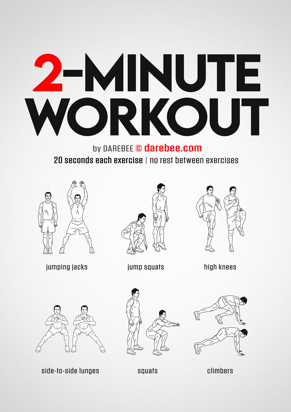 Two minute Workout is a Darebee home fitness no-equipment microworkout that uses the latest research from exercise science to give you a workout that keeps you going when you have little time to spare in your day.