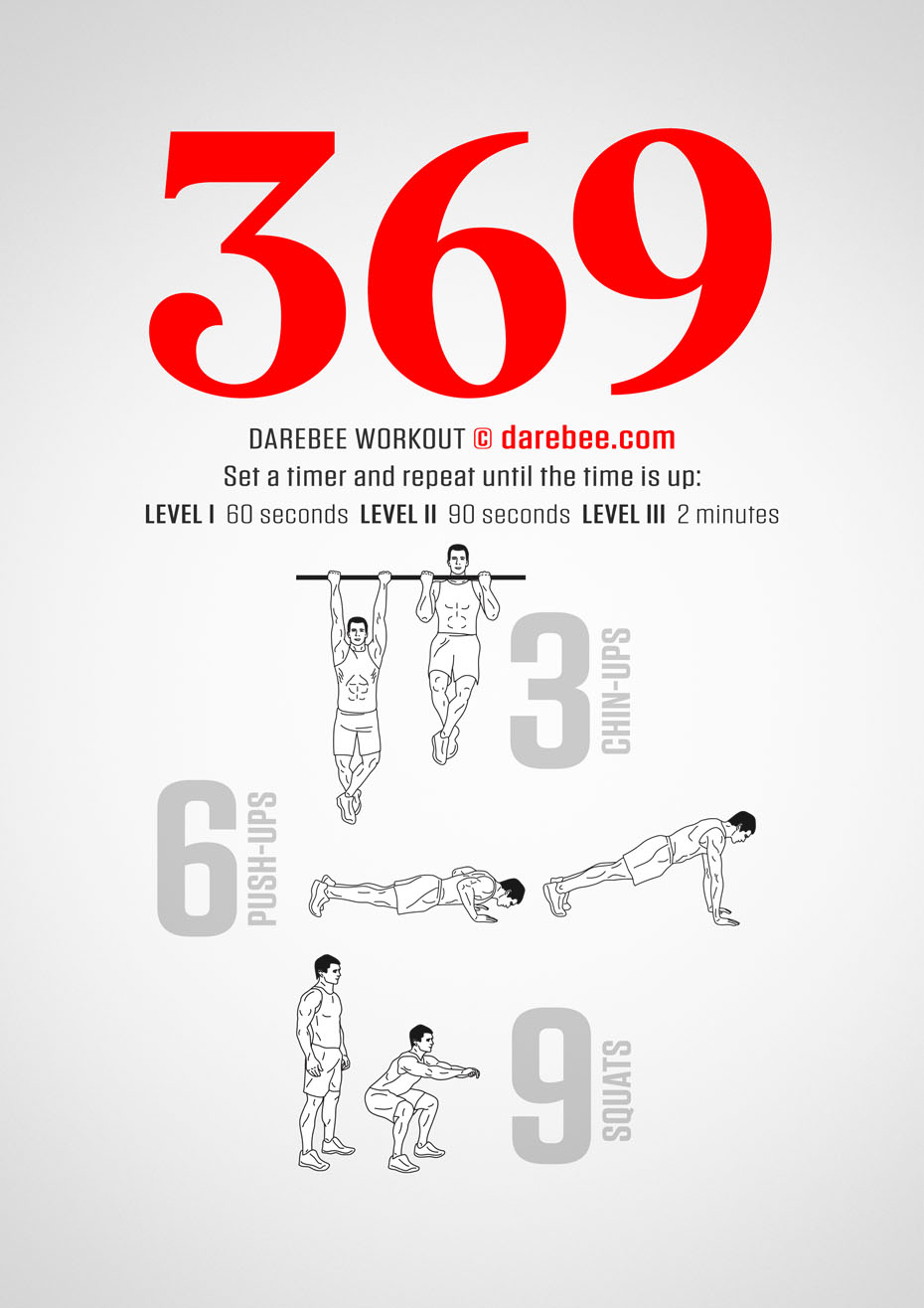 369 is a Darebee home fitness total body strength workout that helps you become functionally stronger and fitter.