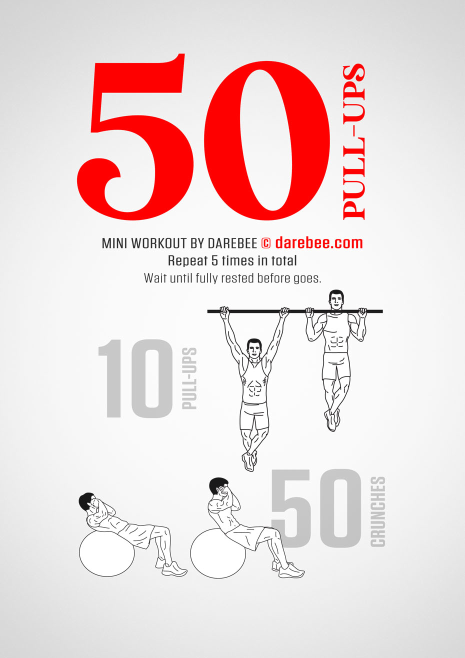 50 Pull-Ups is a DAREBEE pull-up bar home-fitness workout that is designed to help you level up on your upper body strength and fitness goals.