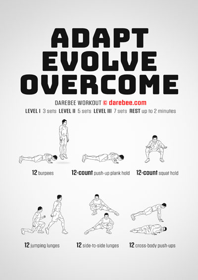 Adapt, Evolve, Overcome is a Darebee home-fitness no-equipment workout that is specifically designed to activate the body's adaptation response.
