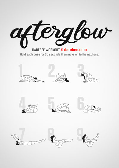 Afterglow is a Darebee home-fitness yoga-based workout that works the abdominal muscles, including the core, trains the lower back and doesn't neglect your quads and hamstrings