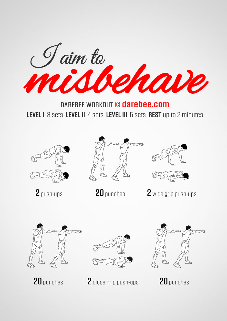 I Aim To Misbehave is a DAREBEE home fitness, no-equipment workout that will take your endurance and cardiovascular fitness to new heights.