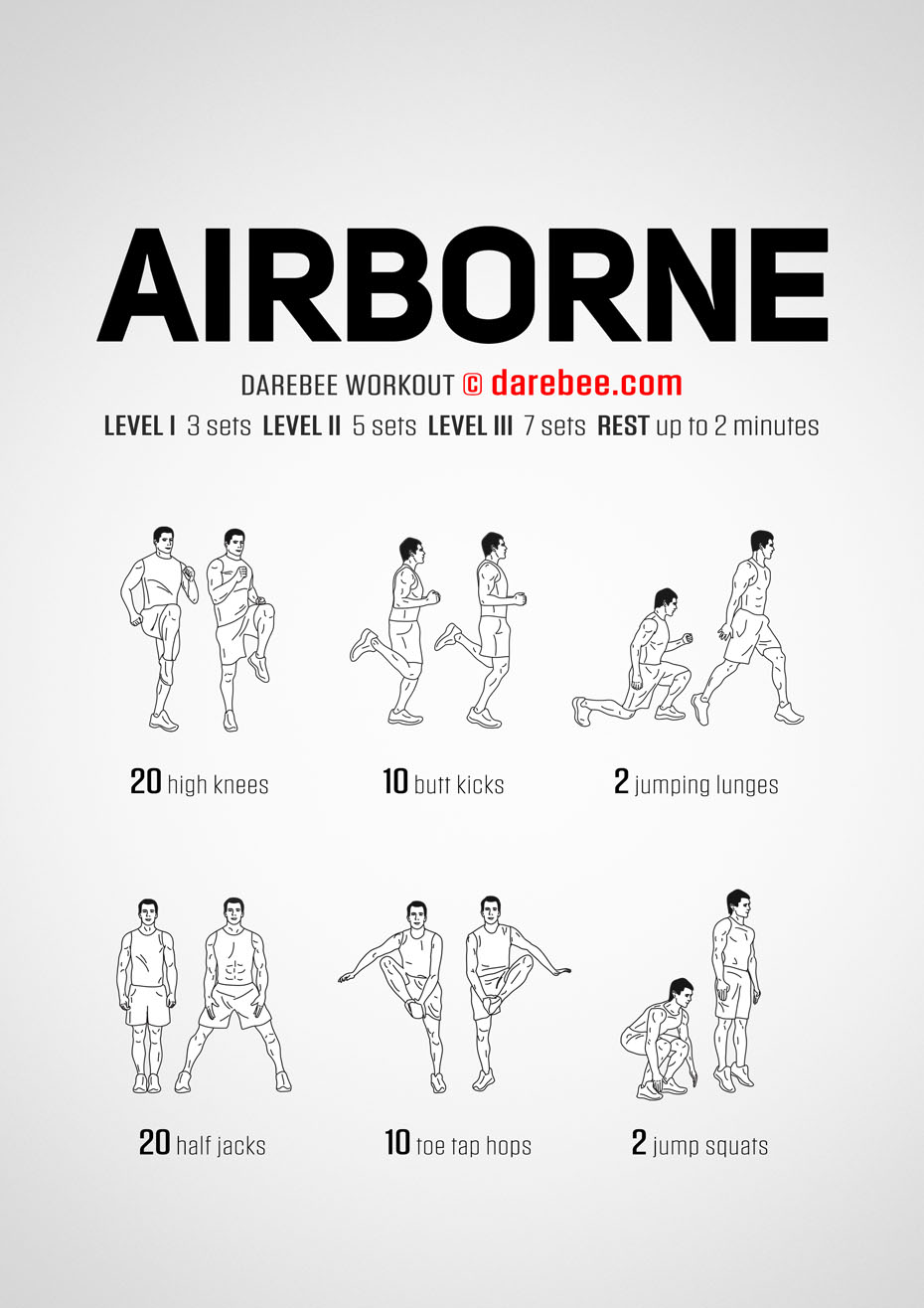 Airborne is a DAREBEE home-fitness, no-equipment cardiovascular and aerobic fitness workout that will push your cardio and aerobic fitness limits.