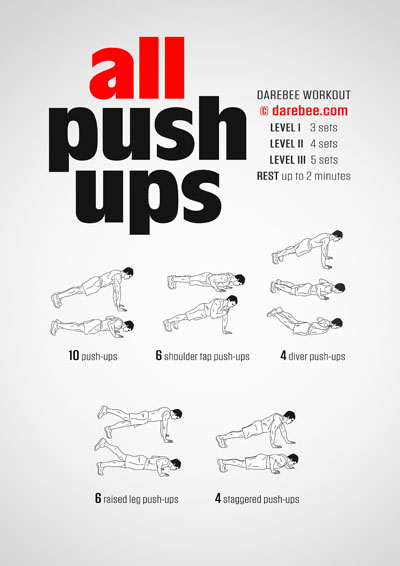 All Push-Ups is a DAREBEE home fitness no-equipment upper body strength workout that also delivers strength gains to other muscle groups in the body.