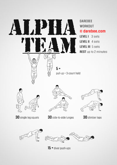 Alpha Team is a DAREBEE home fitness total body strength workout that will take your strength gains to a brand-new level.