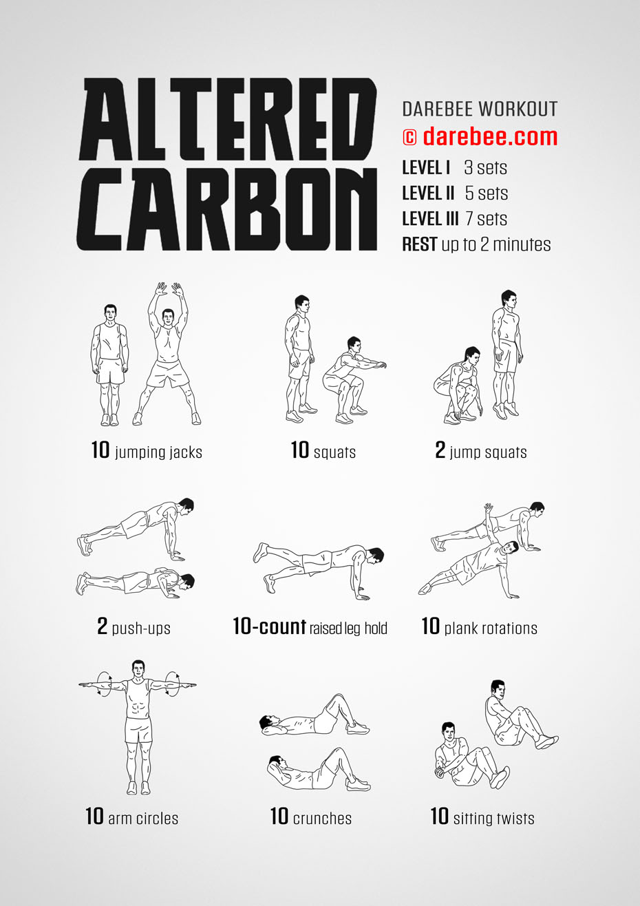 Altered Carbon is a DAREBEE home fitness no-equipment full-body strength workout that helps you develop greater strength and mobility.