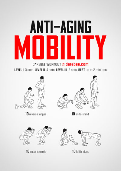 Anti-Aging Mobility Workout is a DAREBEE home fitness workout that helps you develop greater strength and mobility as you get older.