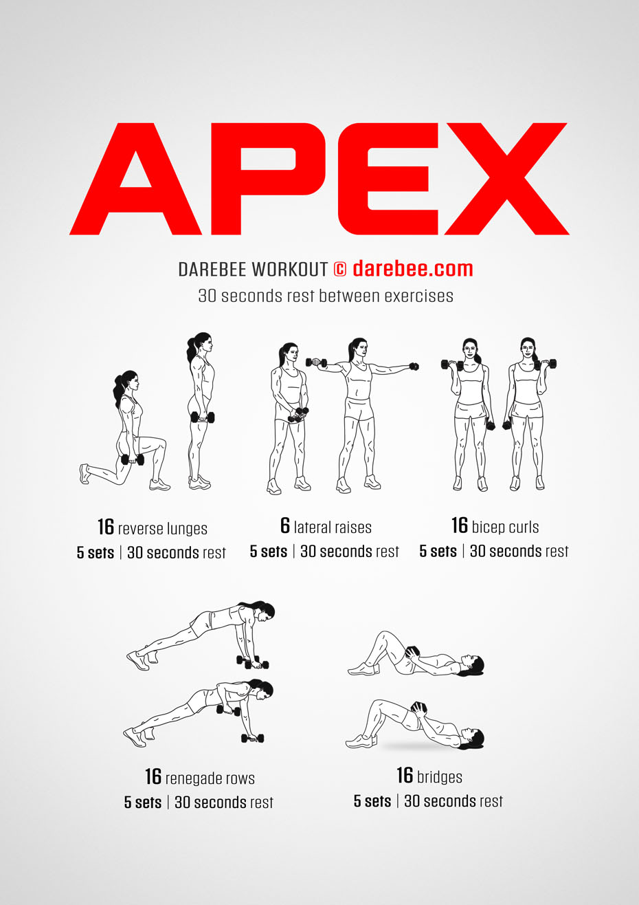 Apex is a DAREBEE home fitness dumbbells total body strength workout that helps you stay stronger and biologically younger as you age.
