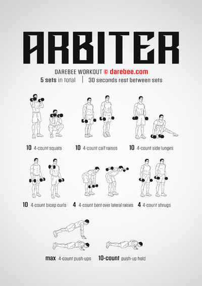 Arbiter is a DAREBEE home-fitness resistance workout that uses both concentric and eccentric muscle movement to help build strength. 