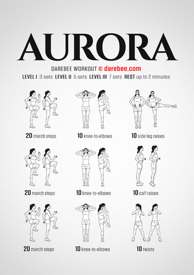 Aurora is a DAREBEE home fitness no-equipment workout that uses bodyweight exercises to help you get healthier and feel stronger in the comfort of your own home.