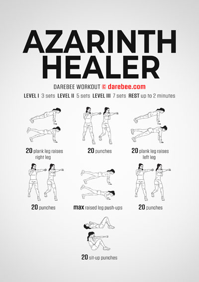Azarinth Healer is a Darebee home-fitness total body combat moves workout that will help your cardio and strength.