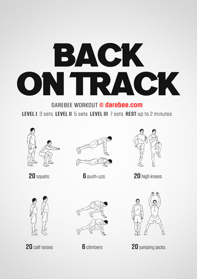 Back On Track is the Darebee home workout you go to on the days when you want to work your lungs and heart and test your recovery time between sets. 