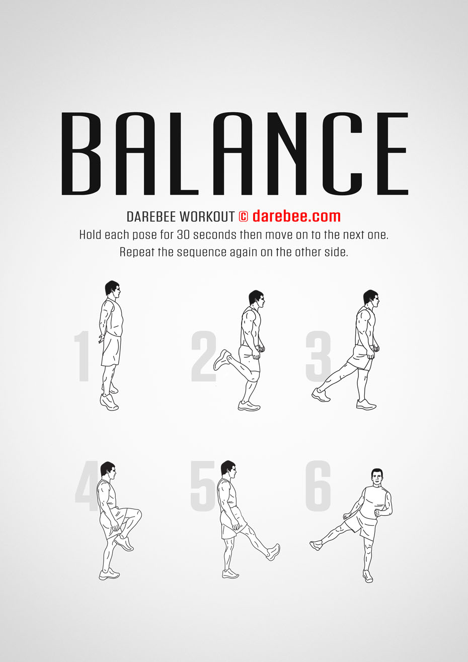 Balance is a Darebee home fitness workout that tests how your brain and body work together. 