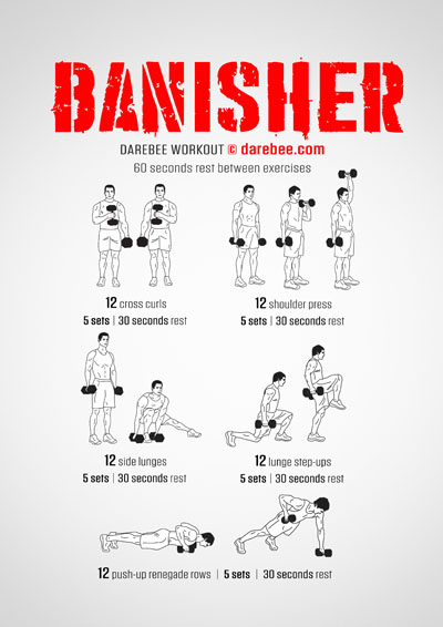 Banisher is a DAREBEE home fitness total body strength dumbbells workout designed to help you get stronger and feel healthier and younger. 