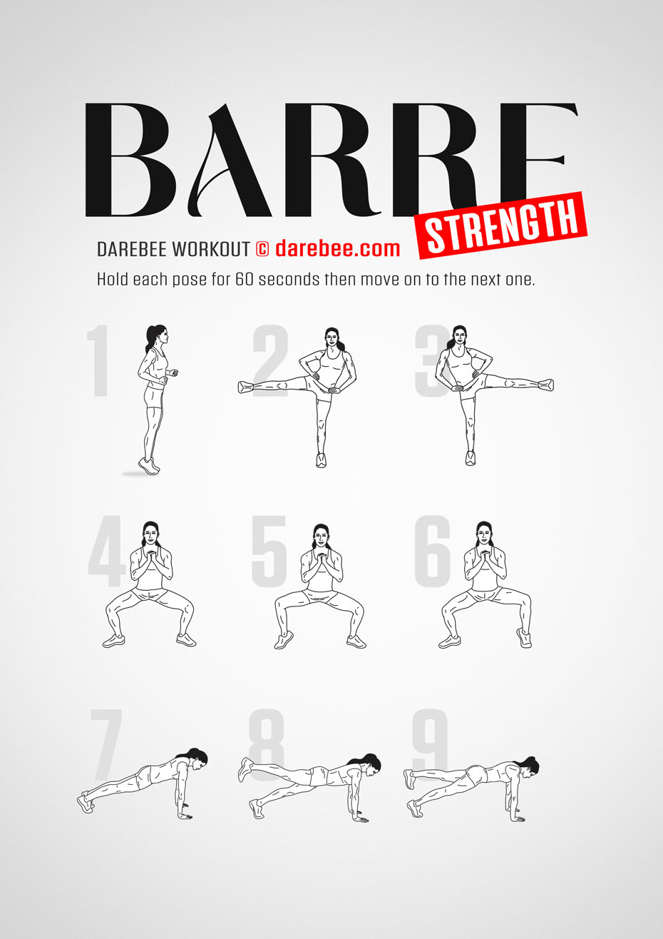 Barre is a Darebee home fitness, no-equipment lower-body strength workout designed to help you walk, run, kick and jump better. 