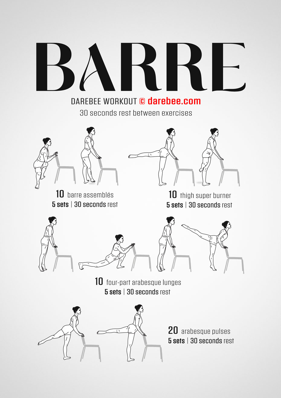 Barre is a Darebee home-fitness lower body agility, flexibility and strength workout you can perform with the help of a chair. 