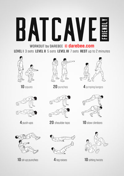 The Batcave workout is a DAREBEE home fitness no-equipment strength and coordination workout that will help you feel stronger and be healthier.