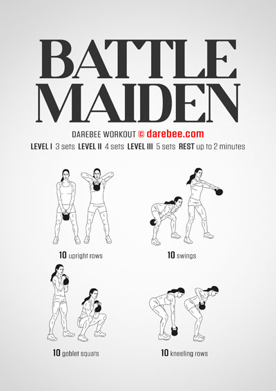 Battle Maiden is a DAREBEE home-fitness, kettlebell workout designed to make you stronger and more powerful.
