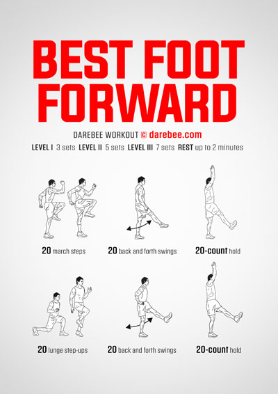 Best Foot Forward is a DAREBEE no-equipment, home fitness mostly lower-body workout that will leave you feeling empowered and happy to feel alive.